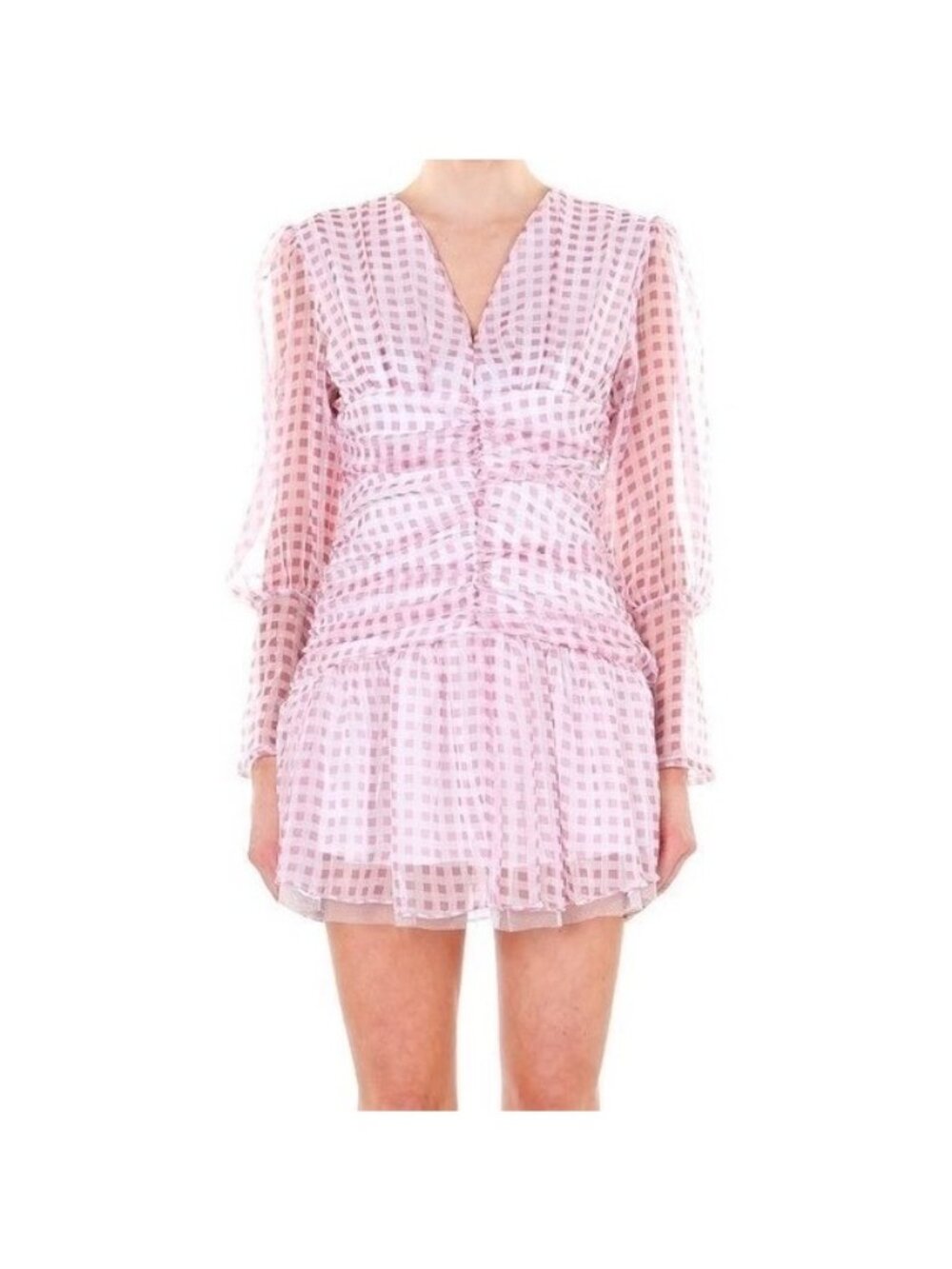 Checking Out in Pink Long Sleeve V-Neck Ruched Gingham Mini Dress Beulah  Size M